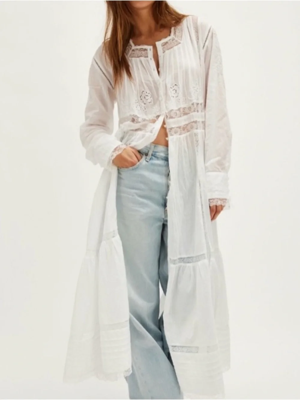 Free People Keepsake Maxi Top White Lace Inset Embroidered Cotton Small